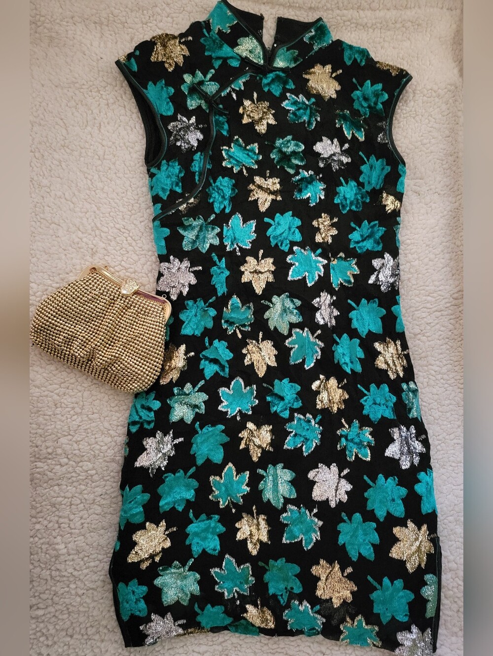 Vintage Black Mini Dress with Teal, Gold & Silver Floral Appliqués